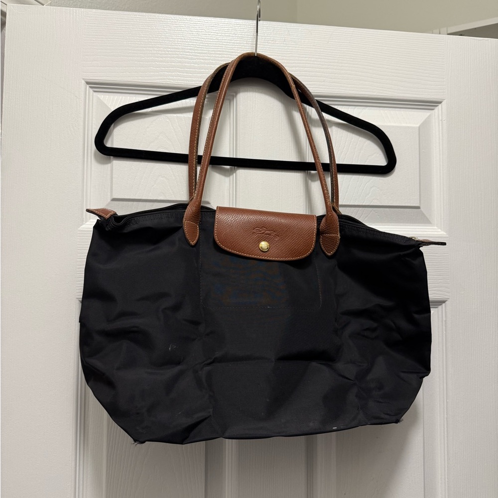 Longchamp Le Pilage Black Tote Bag Purse with Brown Leather Handles